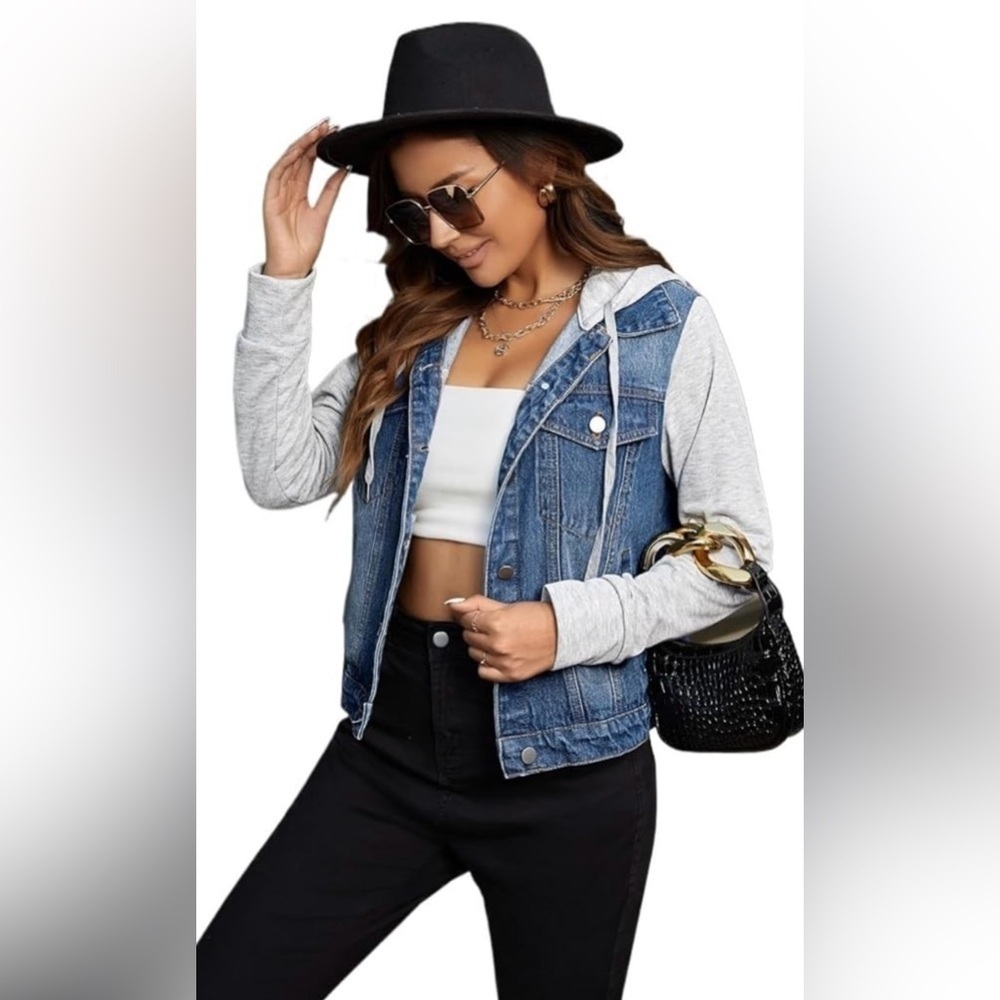 Free People FP We The free Women’s Knit Hoodie Distressed Denim Jacket Navy Sz S